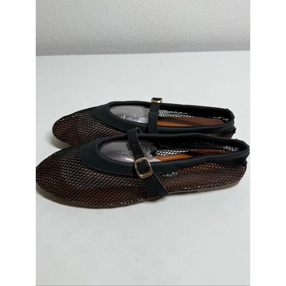 Women’s Black Mesh Mary Jane Flats Buckle Straps - Picture 4 of 13